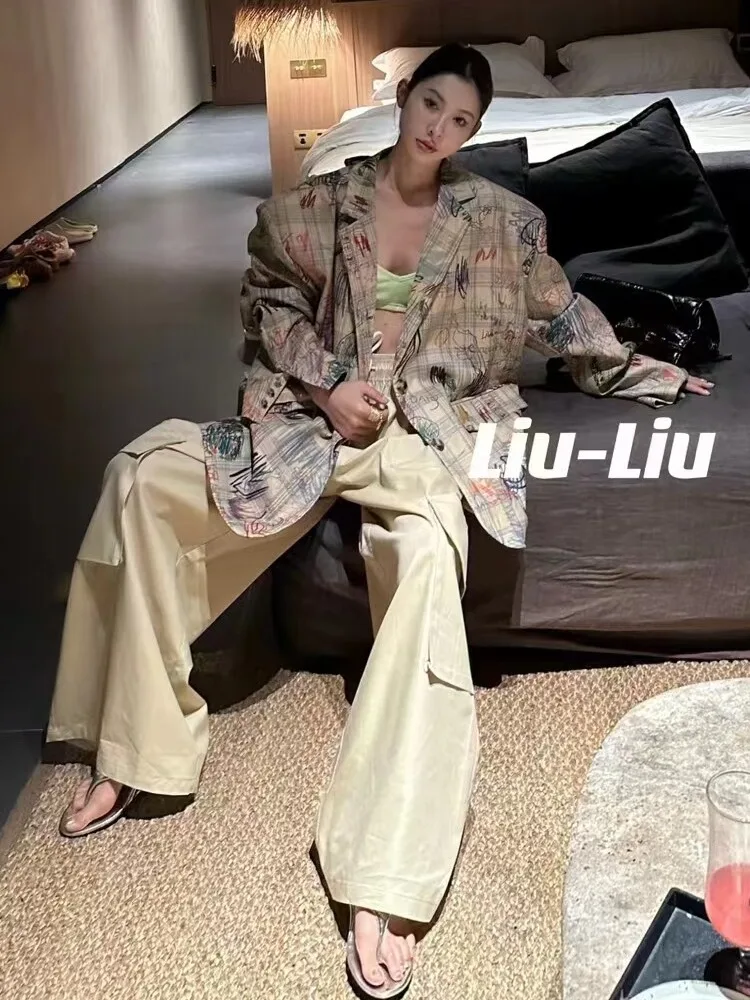 Korean Fashion Suit Jacket 2024 Spring Clothes New Shoulder Pad Loose Blazers Women's Slim-fit Retro Color Graffiti Coats