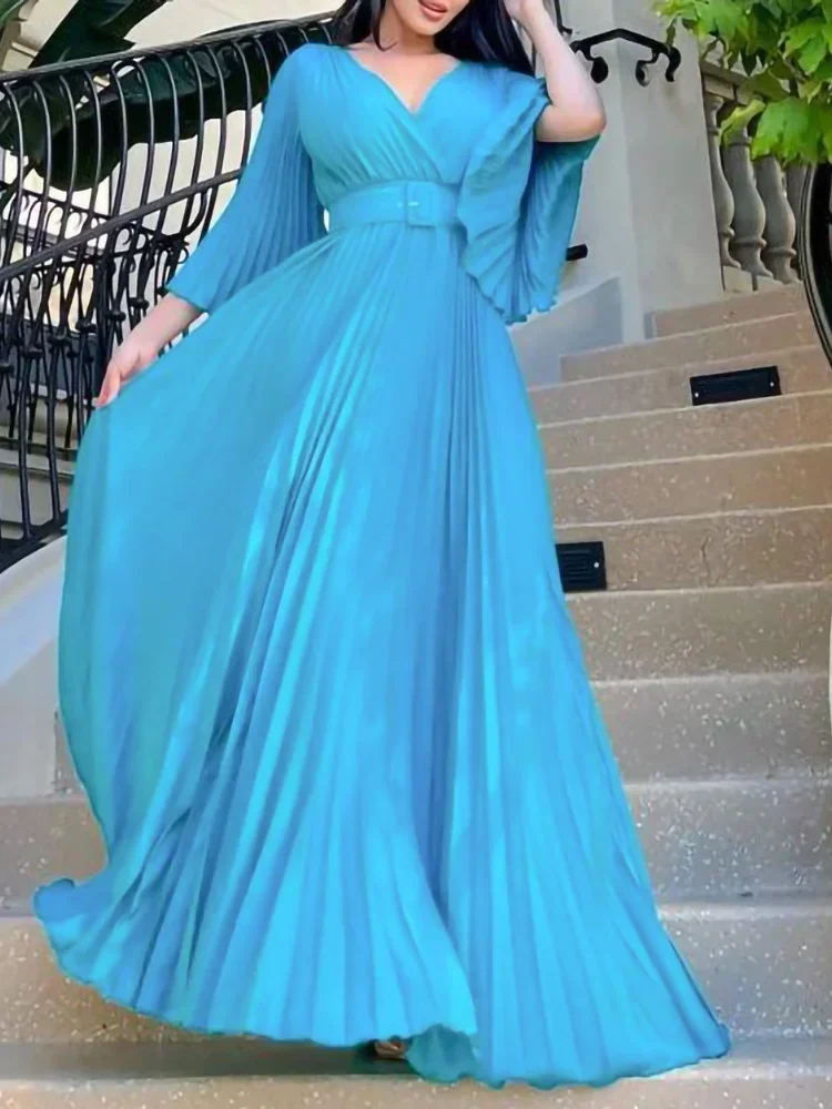 Wmstar Women Long Dress Deep V Neck Long Sleeve Pleated Solid Color A-Line Evening Gowns Wedding Party Floor Length Maxi Dresses