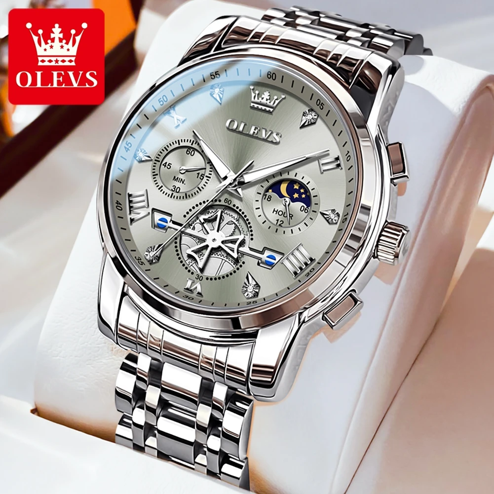 OLEVS Men's Watches Classic Multifunctional Flywheel Design Stainless steel Waterproof Moon Phase Men's Wristwatches 2024 Trend