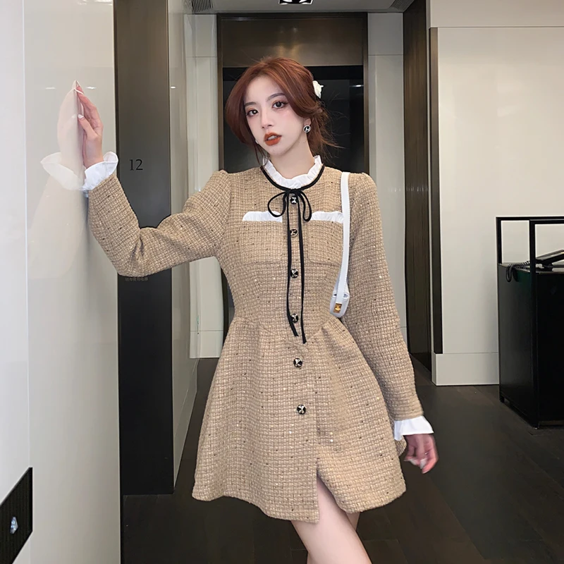 

High Quality Autumn Tweed Short Dresses for Women 2023 Fashion Color Block Ruffles Stand Collar Lace Up Celebrity Party Dress