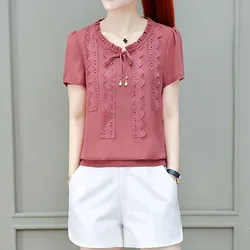 Elegant O-Neck Spliced Bow Ruffles Shirring Lace Blouse Women's Clothing 2023 Summer New Oversized Casual Pullovers Sweet Shirt