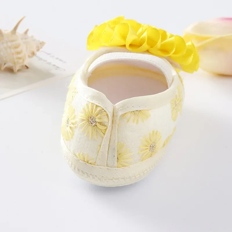 Spring Infant Baby Girl Shoes Newborn Lace Flowers Headband Anti-Slip Soft Sole First Walkers Toddler Kids Cotton Baptism Shoes baby shoes soft sole shoes
