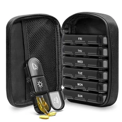 Moisture - Proof Weekly Pill Organizer with PU Leather Case - 21 Compartments for Daily Vitamins and Medicines (Black With Bag)