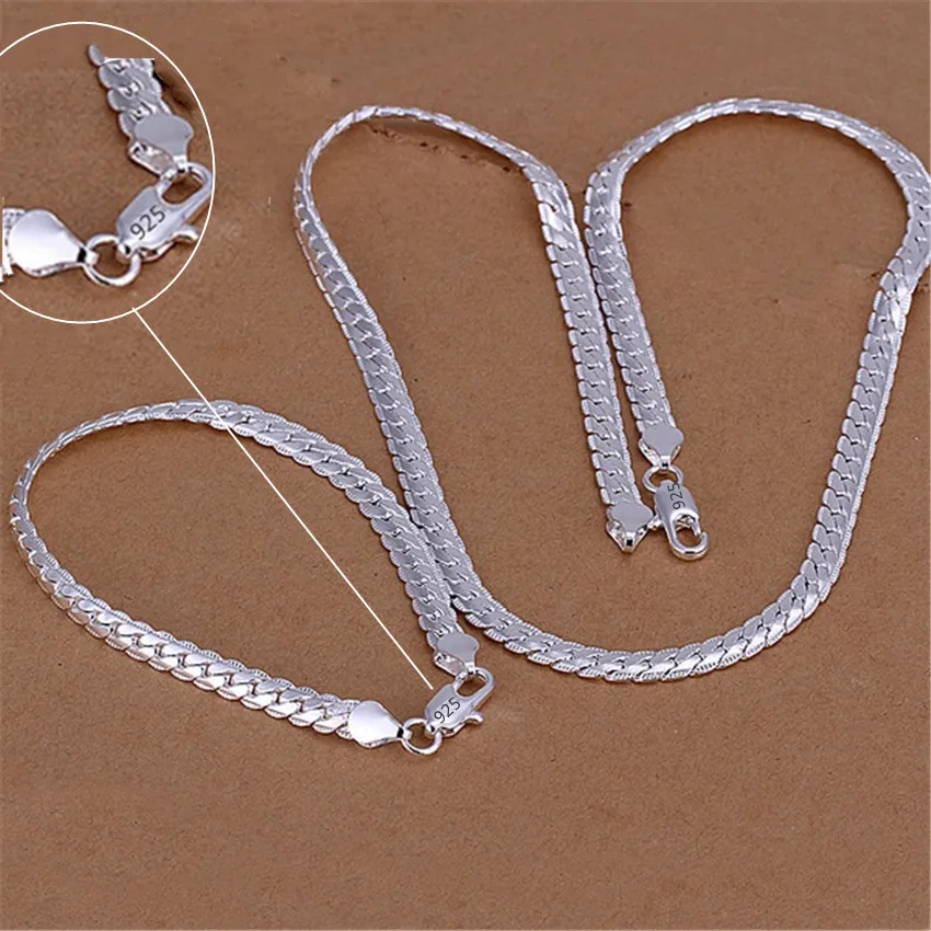 

925 Sterling Silver Christmas Gifts European Style 6MM Flat Chain Necklace Bracelets Fashion for Man Women Jewelry Sets