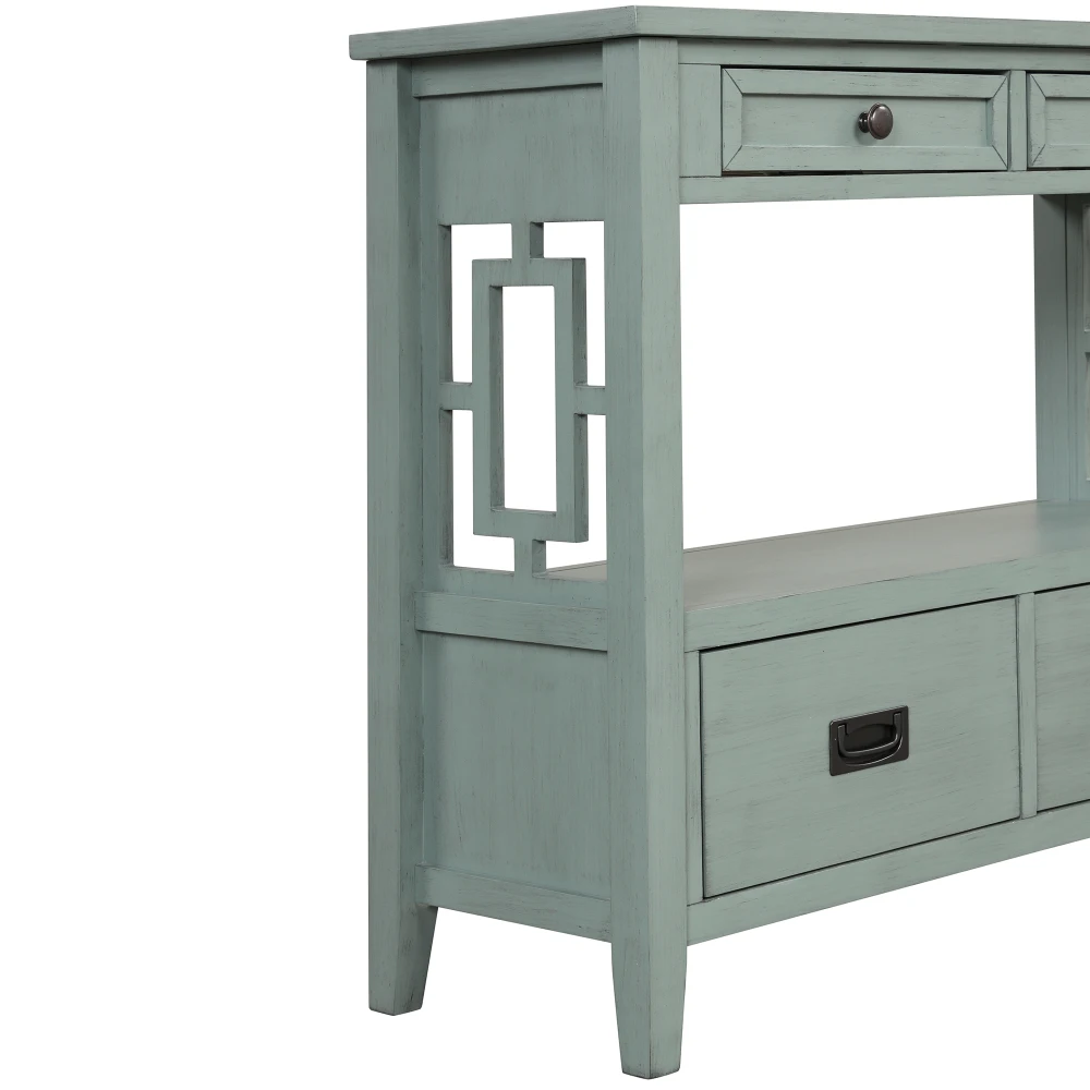 Farmhouse Pine Wood Console Table with 4 Drawers & 1 Storage Shelf - Retro Blue 6