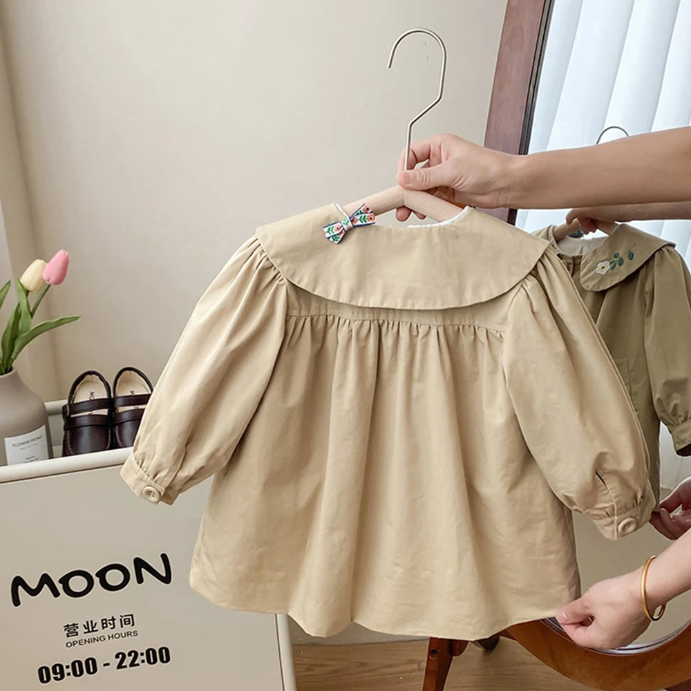Kids Girls Trench Coat Floral Embroidery Peter Pan Collar Versatile Windbreaker Children Casual One Breasted A-Line Jackets 1-8Y