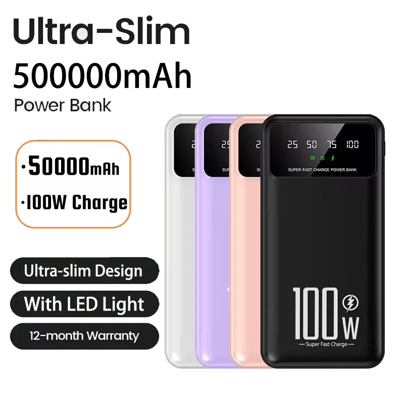 20000mAh 디지털 디스플레이 파워 뱅크 100W 고속 충전기(LED 조명 포함) 모든 스마트폰용 휴대용 외부 배터리
