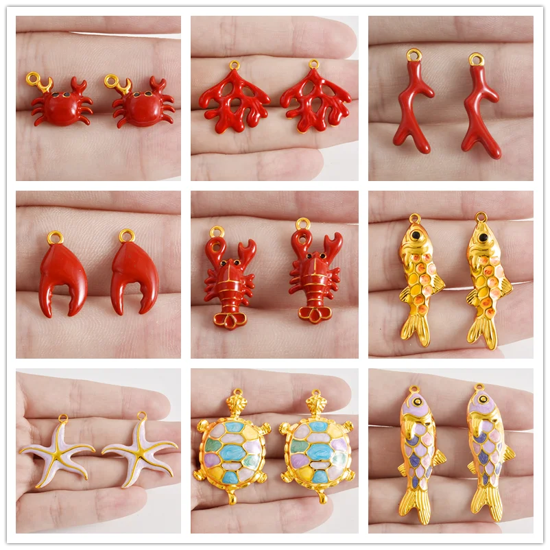 2 Stück rote Hummerkrabbe Koralle echt vergoldet Edelstahl Emaille Charm für Schmuckherstellung Zubehör DIY Strand Halskette Anhänger