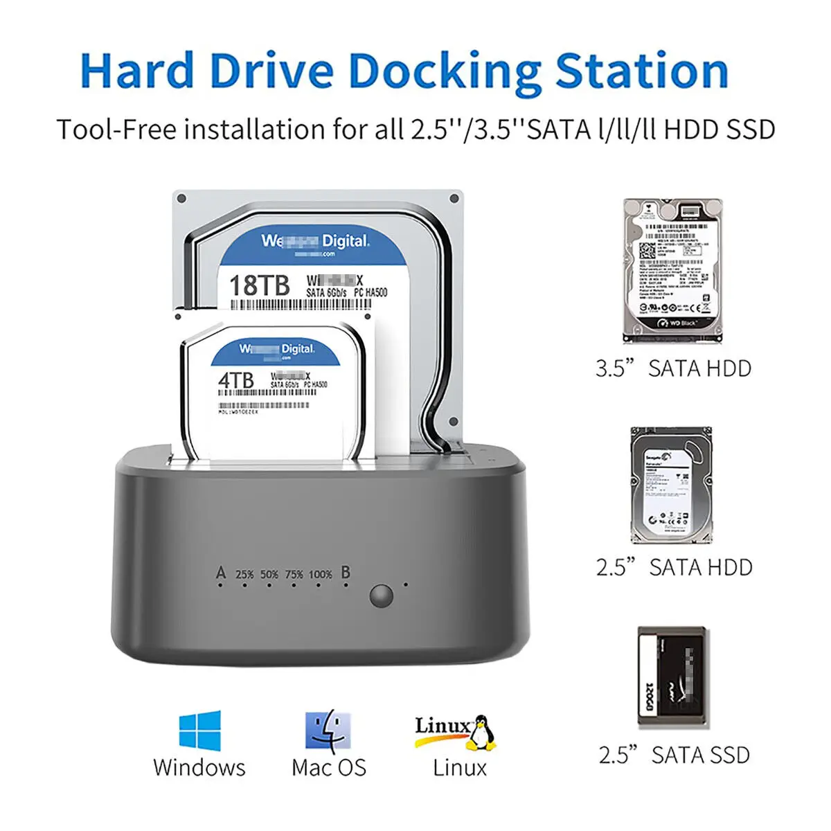Unionsine-dual Bay Hdd Docking Station com Clone Offline Sata para Usb 3.0 Case Hdd 2.5 3.5 Ssd - Imagem 5