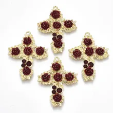 

2PCS Rack Plating Alloy Pendants with ABS Plastic and Rhinestone Cross whit Rose Flower Light Gold 37x29x4.5mm Hole: 1.6mm