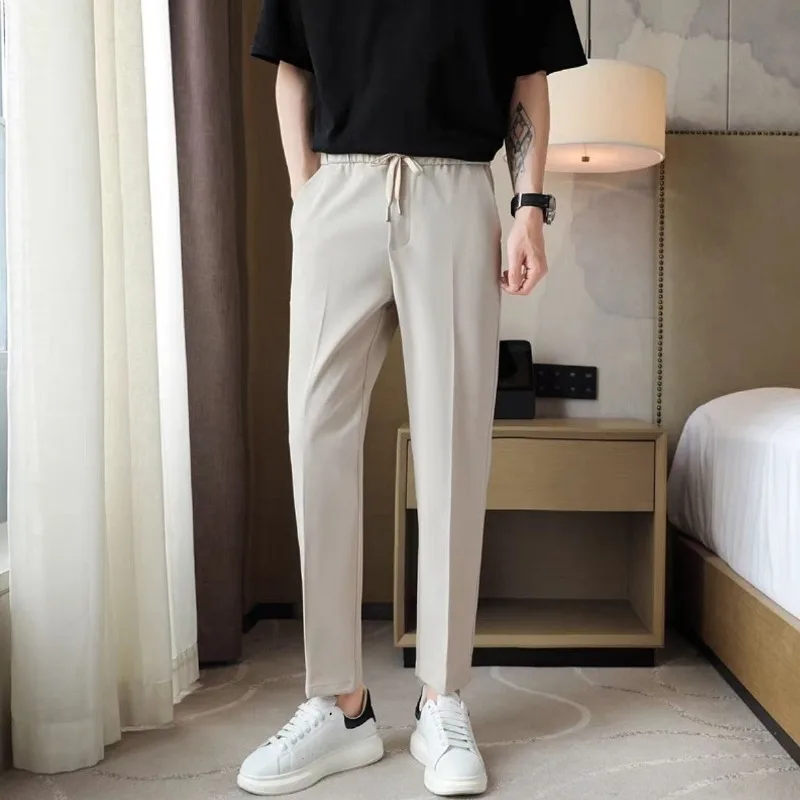 Summer 2024 Men's New Business Casual Patchwork Pocket Drawstring Fashion Solid Color Slim Minimalist All-match Harlan Pants
