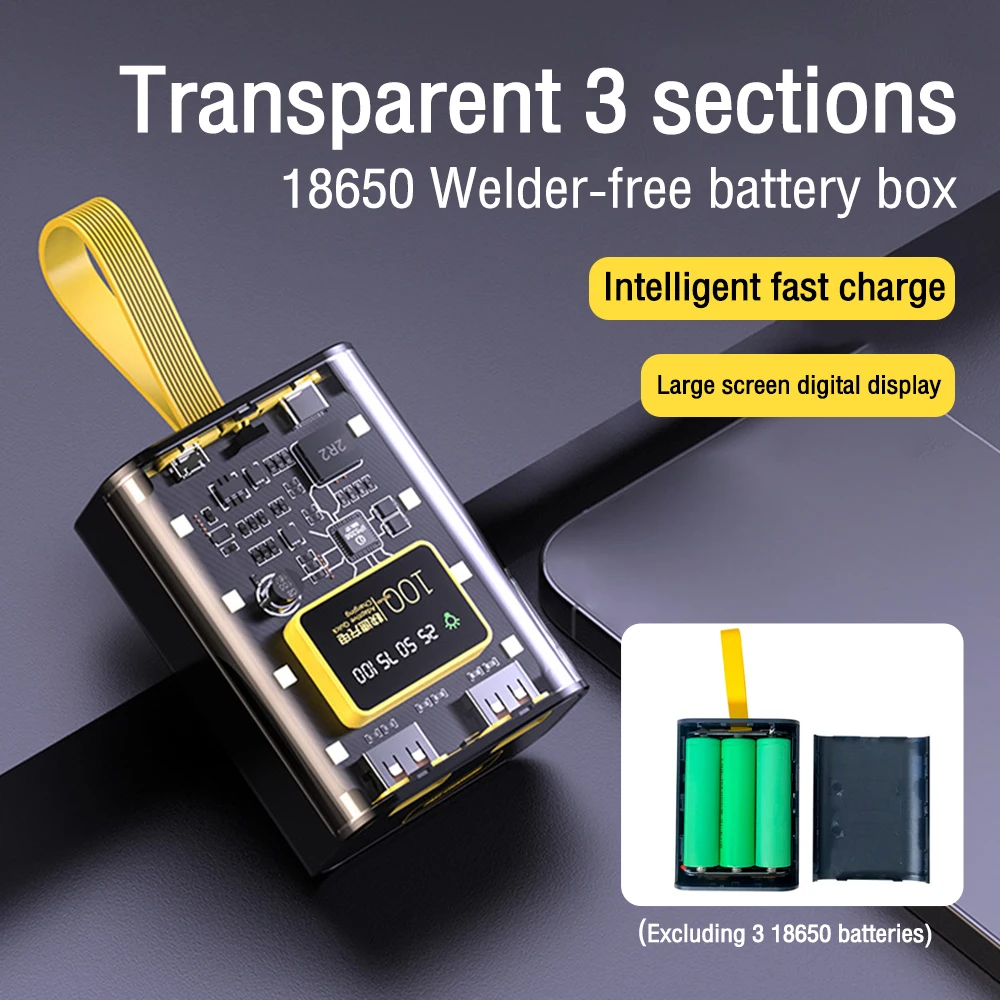 Transparent mobile power bank with 3 18650 battery packs no welding power bank kit DIY mobile with night light