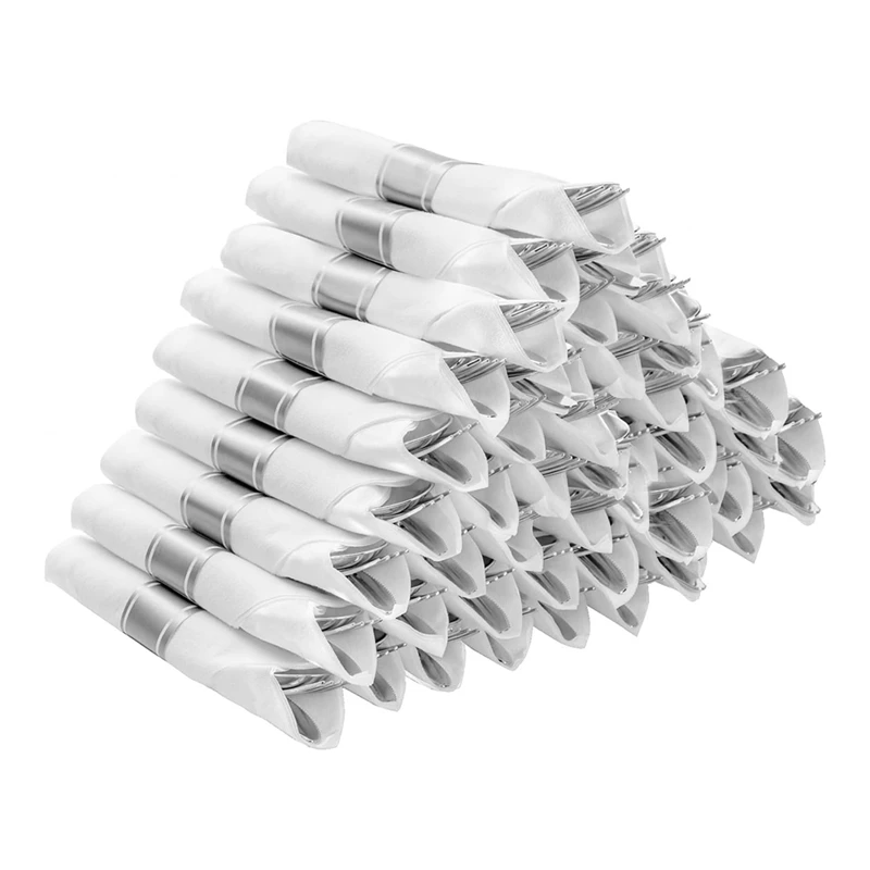 Pre Rolled Silver Plastic Silverware Set,Pre Rolled Napkins With Silver Cutlery Set For Party,Birthday