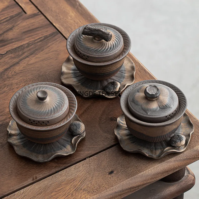 Chinese rough pottery lid bowl retro handmade ceramic travel portable household tea set accessories