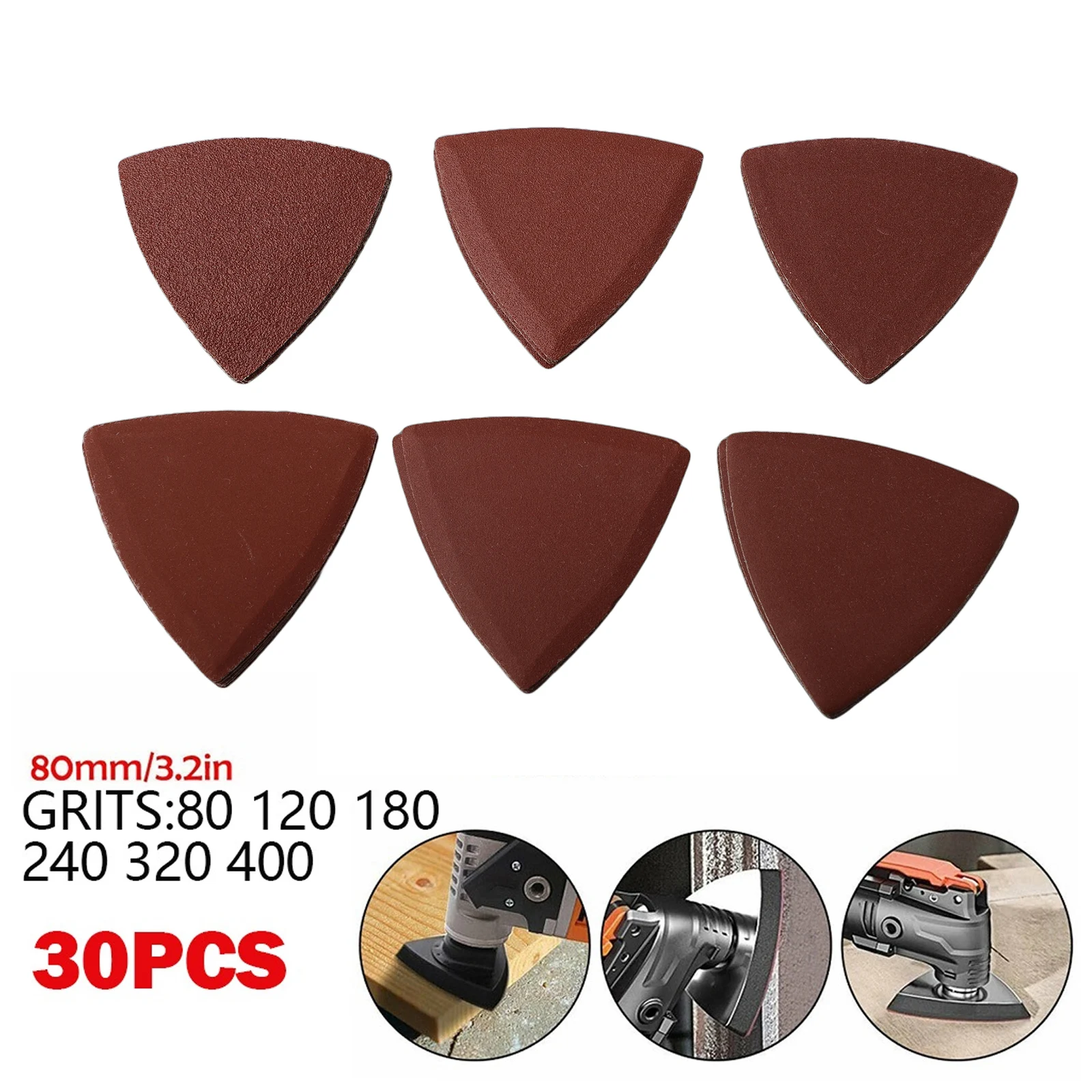 

30pcs Triangle Sandpaper Sanding Disc Hook & Loop Oscillating Multi Tool Sand Paper Sanding Pad Triangular 400 Grit