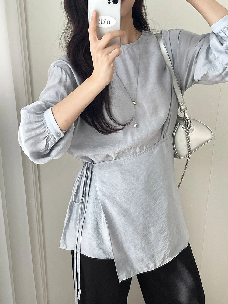 Korean Style Lace Puff Sleeve Waist-Cinching Shirt – Elegant & Slim Fit