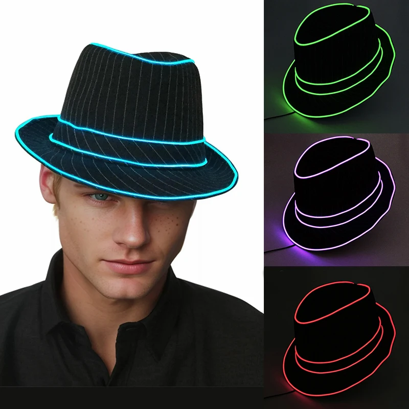light up Men's hat and tie Led luminous Funny hat glowing Top Hat for Fluorescent club dance show props performances costumes 3