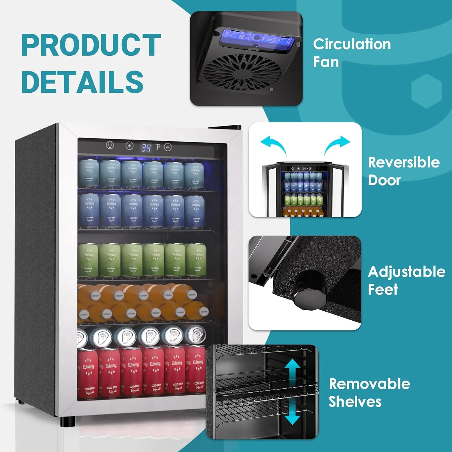 ft Beverage Refrigerator and Cooler, 145 Can Mini fridge with Glass Door for Soda Beer Wine, Small Drink Dispenser 6