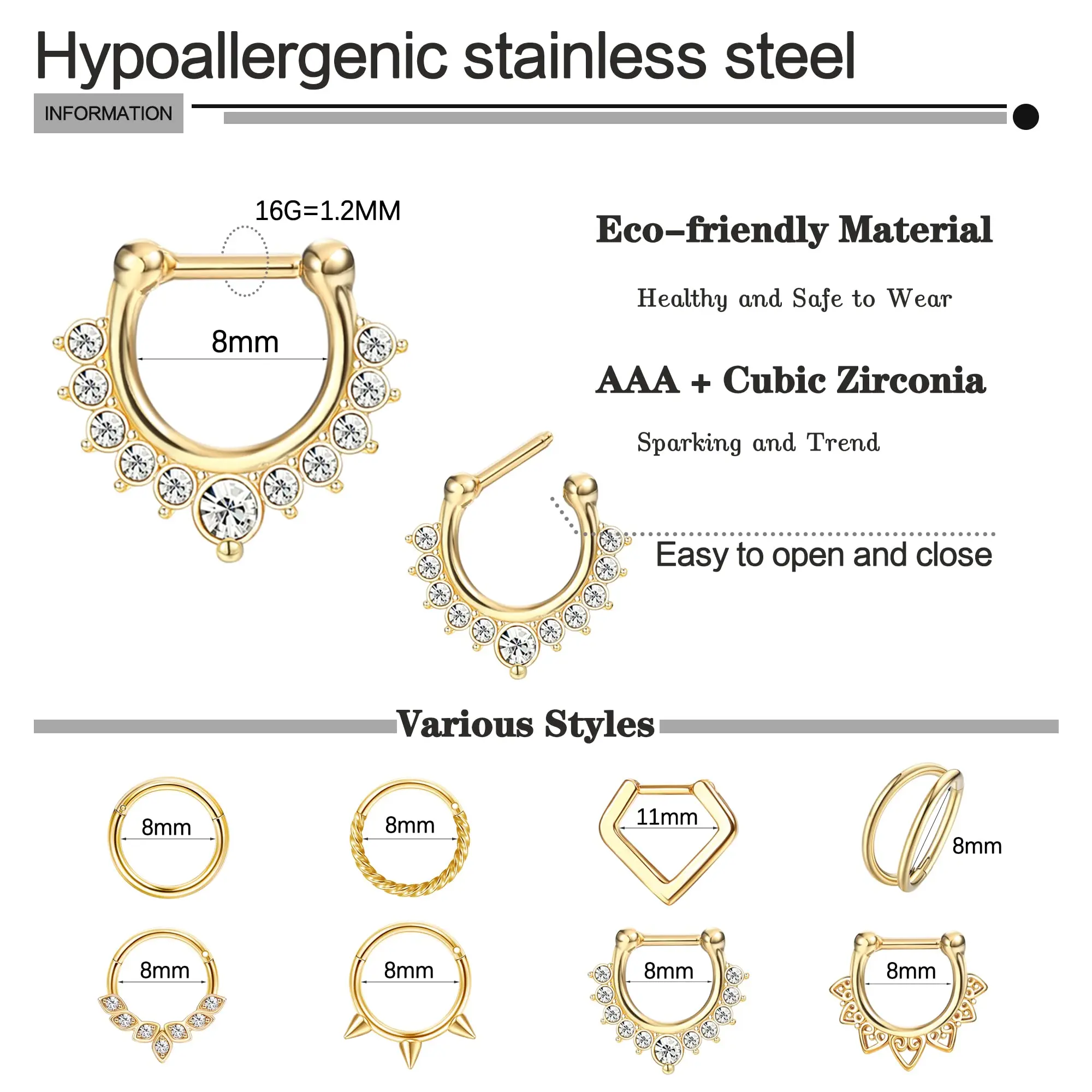 Septum Rings 16G Drperfect Stainless Steel Daith Earrings Nose CZ Cartilage Helix Tragus Clicker Piercing Jewelry
