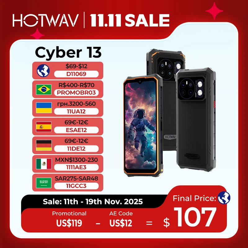 [World Premiere] HOTWAV Cyber 13 Rugged Phone 150LM Flashlight 8GB 128GB Smartphone 6.6'' HD+ 10800mAh 64MP Android 14 Cellphone