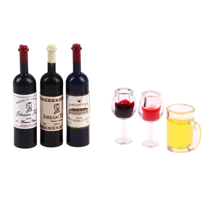Set of 5 Miniature Dollhouse Resin Wine Bottle and Glass Set