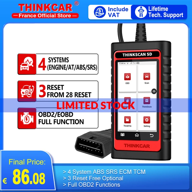 ThinkCar ThinkScan SD6 OBD2 Scanner Engine ABS SRS ECM TCM BCM IC Auto  Diagnostic Tool with 28 Reset Function ( 5 reset Function Free optional )  Lifetime Free Update + 8 Langauge Support OBDII Code Reader Scanner