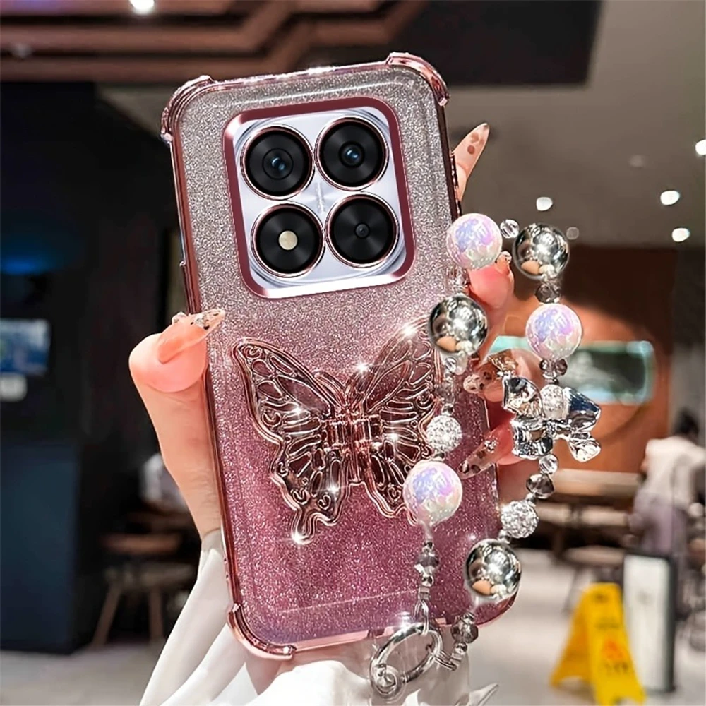 Glitter Plating Butterfly Holder Phone Case with Bracelet - Soft Silicone Shockproof Cover