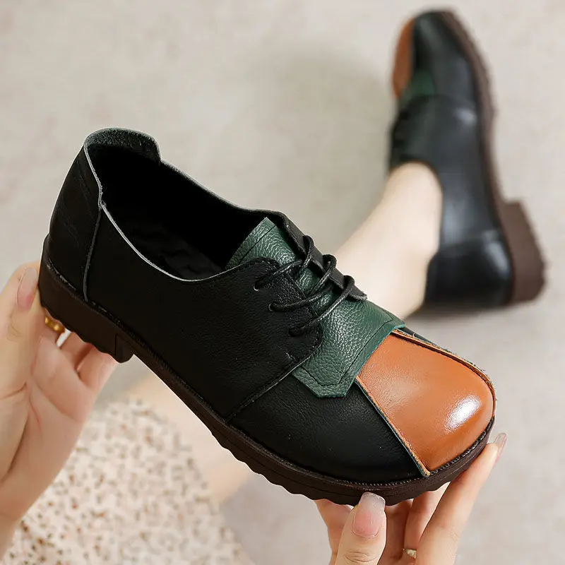 Genuine Leather Ballet Flats Women's Laced Up Oxords Shoes Vintage Low Heel Brogues Loafers women oxford shoes