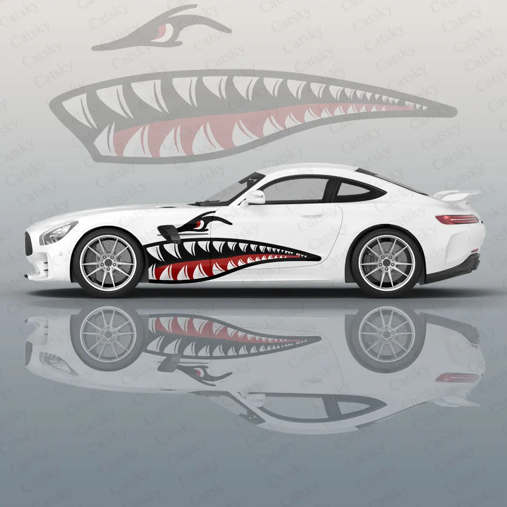 

Red Fierce Shark Mouth Car Graphic Decal Protect Full Body Vinyl Wrap Modern Design Image Wrap Sticker Decorative Car Decal