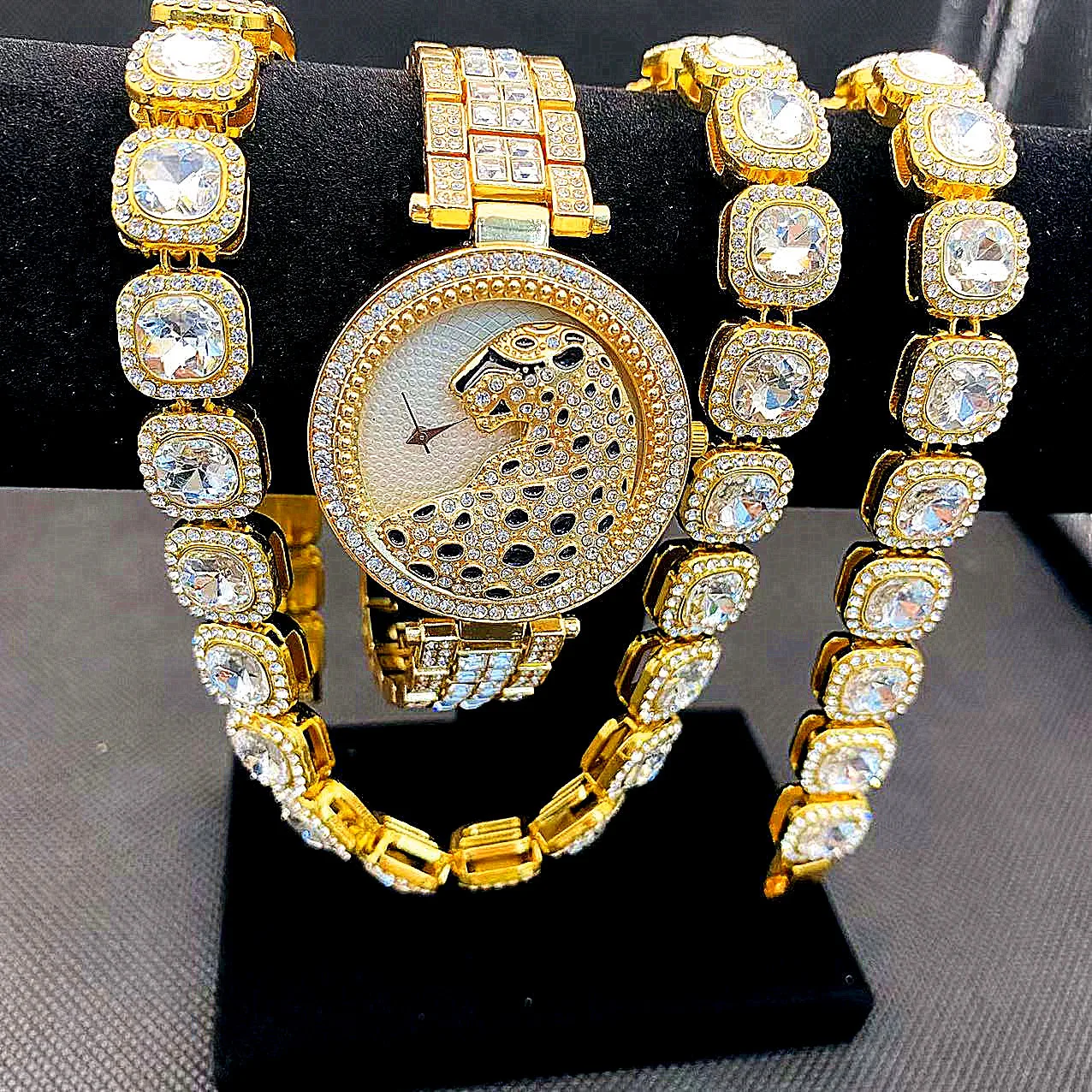 3PCS Iced Out Watches for Women Gold Leopard Watch Sliver Tennis Chains Bracelet Necklaces Jewelry Set for Women Watch Women Set