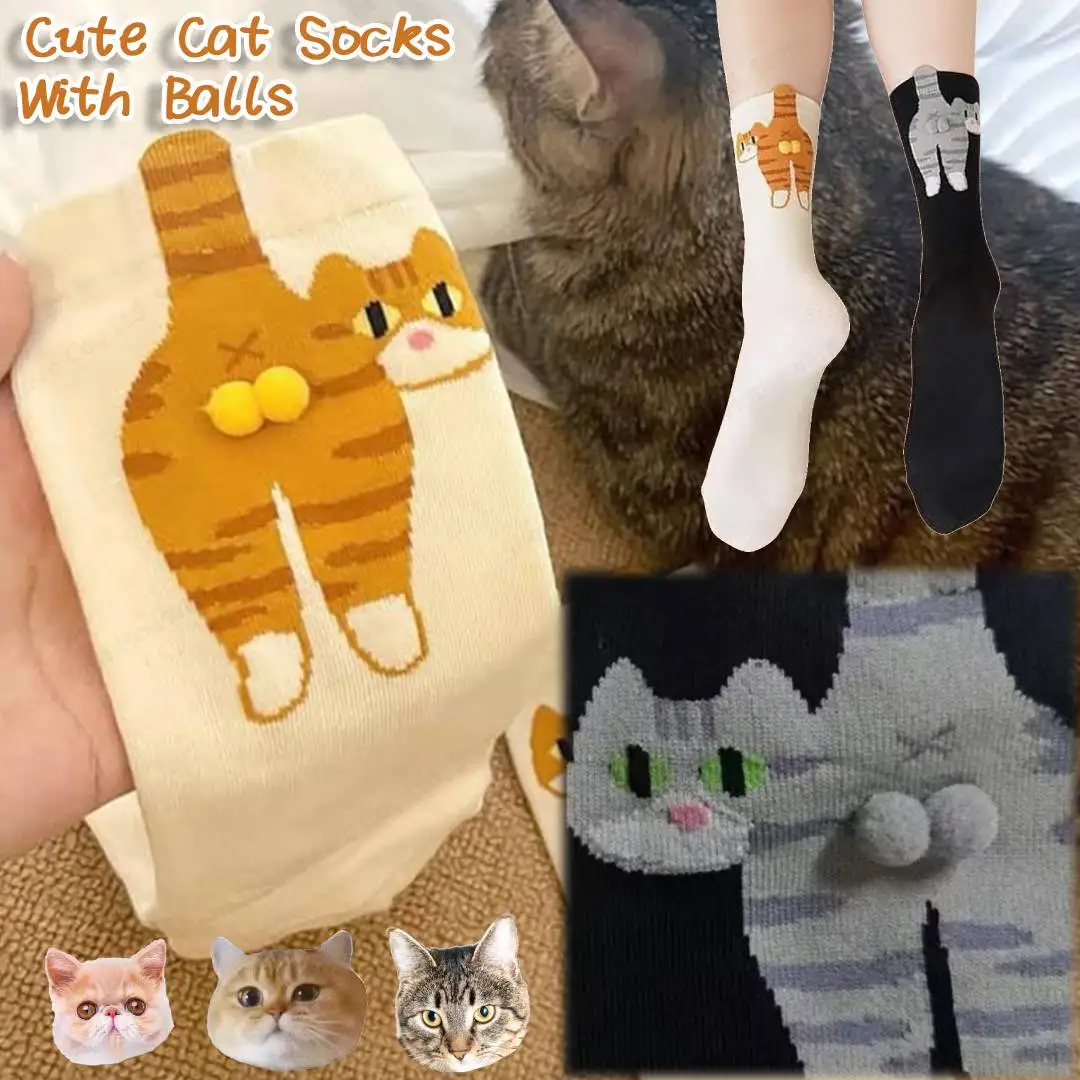 Women's White Cartoon Cat Ding Bell Ball Socks for Women Ins Summer Ins Cotton Cute Japanese Funny Sports Mid-tube Socks 36-42