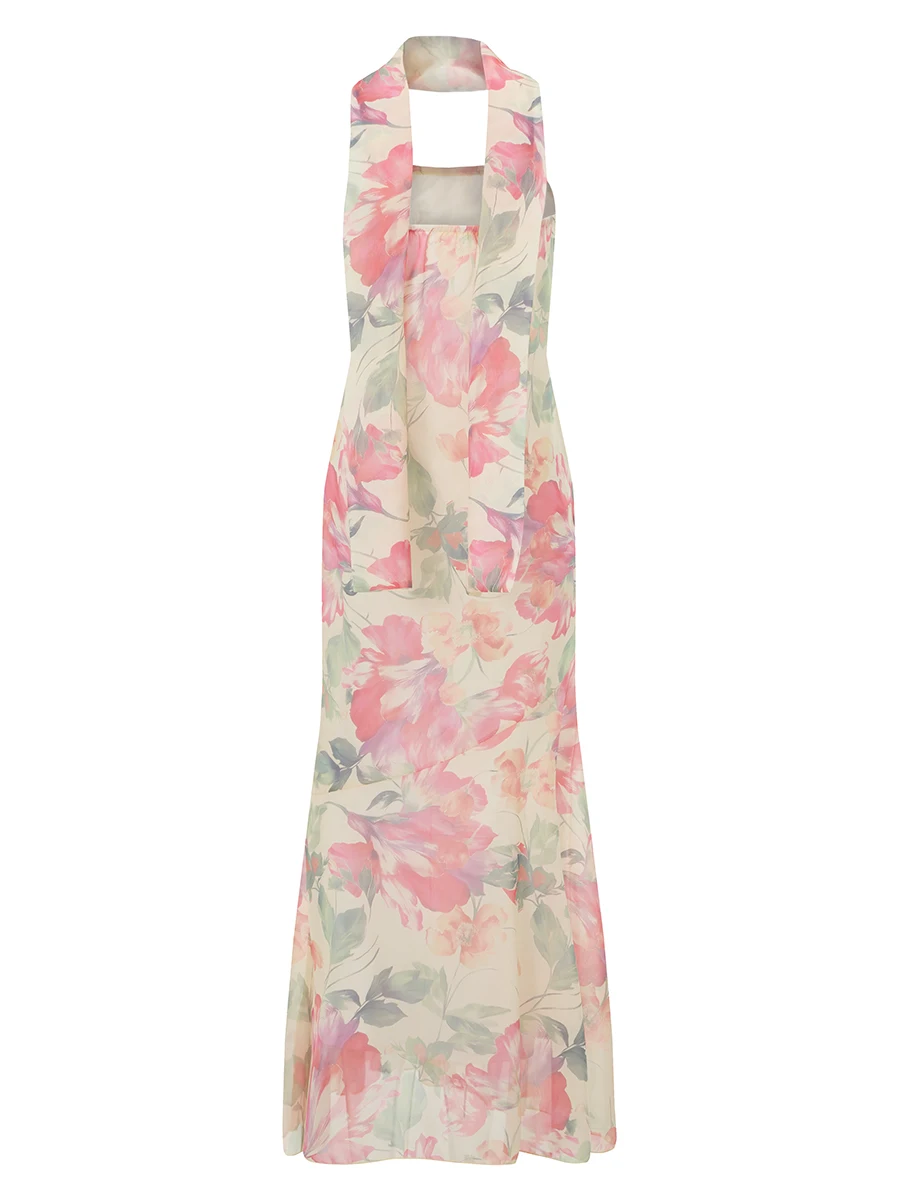 Elegant Floral Print Maxi Dress with Ruffled Off-Shoulder Design and Matching Scarf for Women s Summer Fashion