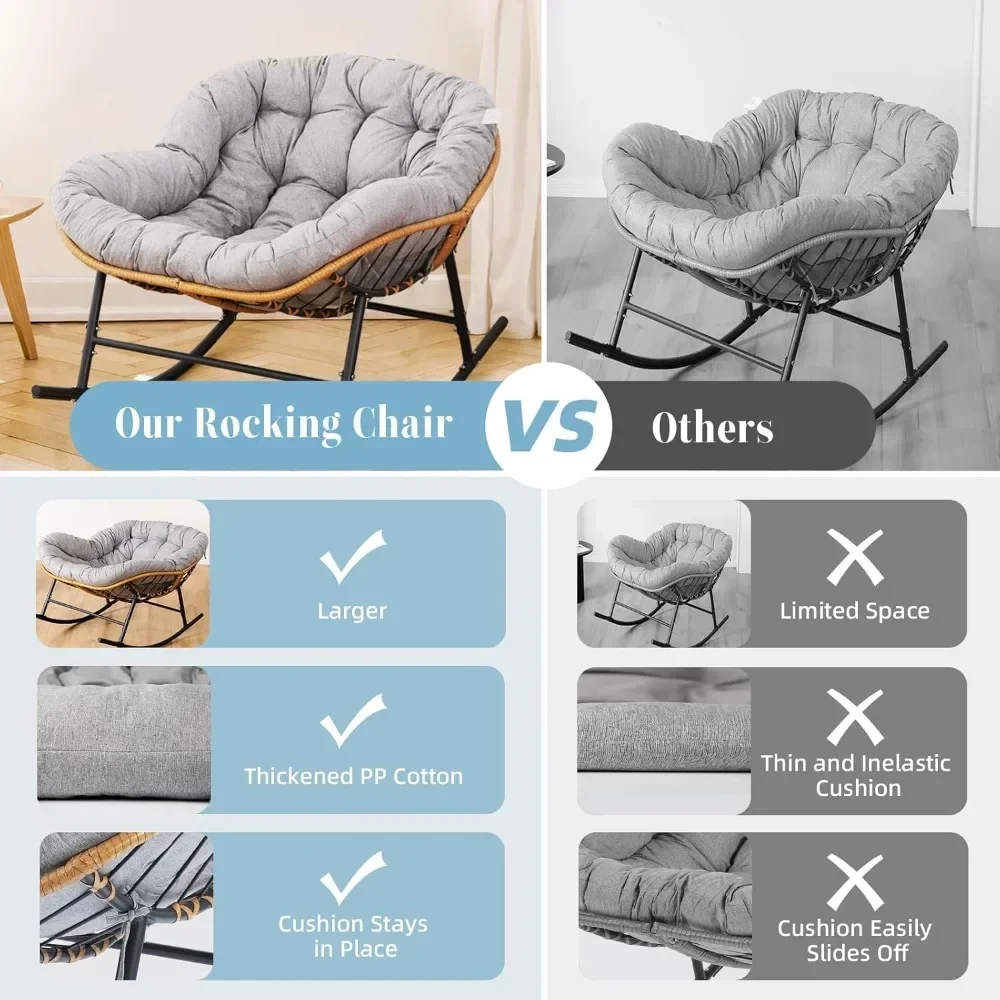 --NewOversized Patio Rocking Chair, Papasan Rocking Chair Indoor Outdoor Use, Lounge Chair with Cushion, Egg Rocker Chairs, C