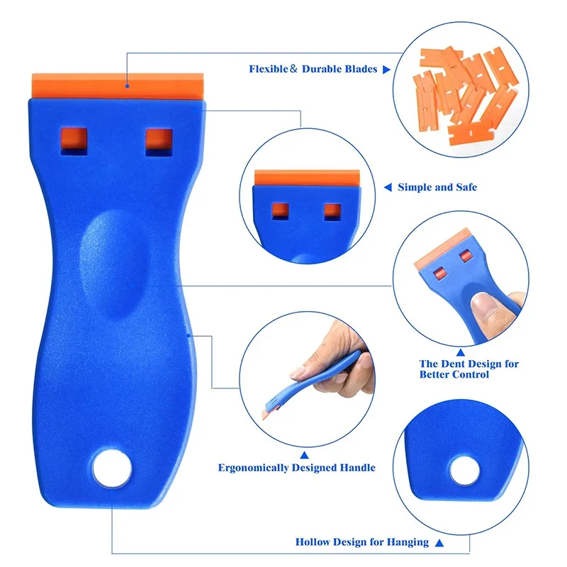 Razor Blade Scraper 2Pcs Plastic Razor Blade Scrapers Glue Remover with 20Pcs Blades Car Glass Cleaning For Removing Stickers Labels