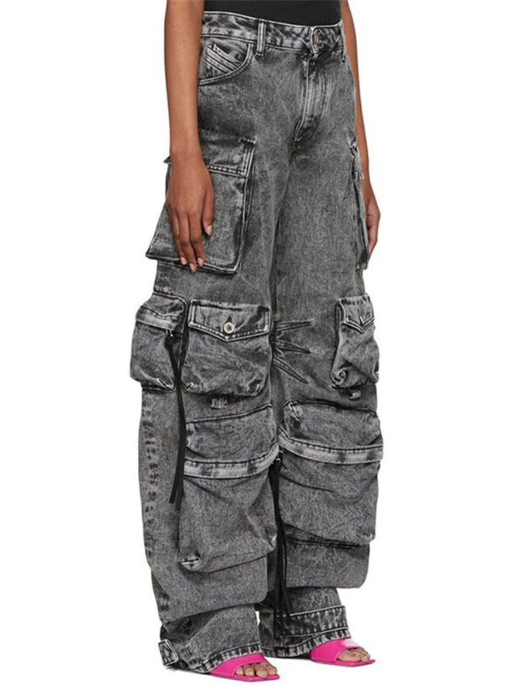 HOUZHOU Women Wide Leg Cargo Jeans with Pockets Oversized Vintage Grunge Style High Street Long Denim Trousers Baggy Streetwear houzhou oversized cargo jeans women baggy punk style grunge y2k high street vintage wide stacked jeans with pockets denim pants