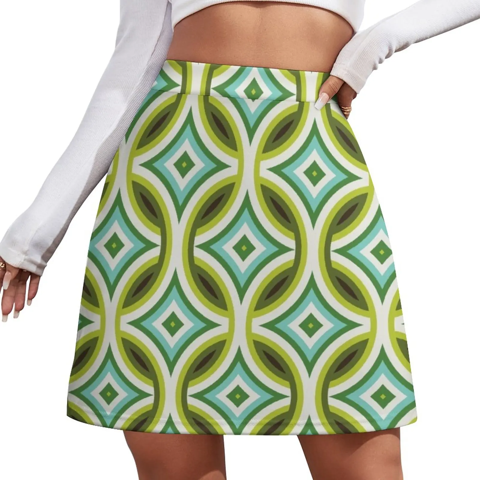 Green, Turquoise & Brown Circular Geometric Retro Pattern Mini Skirt short skirt for women Skirt pants womens skirts