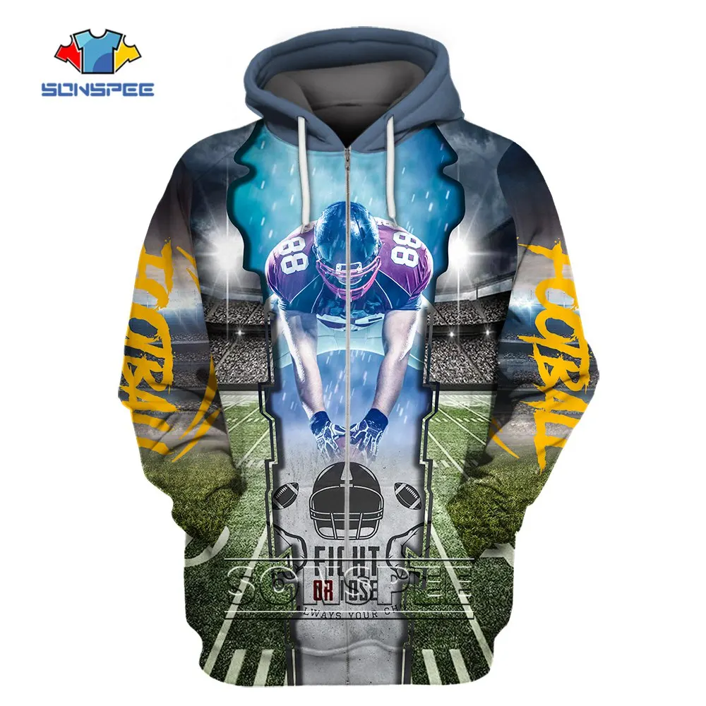 

SONSPEE Rugby Stitching Hoodies Coat for Men Zipper Hoodie Women Oversize 3D Printed Fight or Lose Letter Casual Clothing