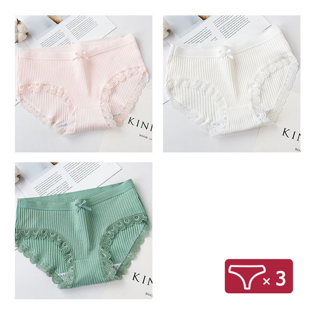 Comfortable Women Cotton Panties Set Sexy Lace Ruffle Underwear Breathable Mid Waist Briefs Stretchy Seamless Underpants