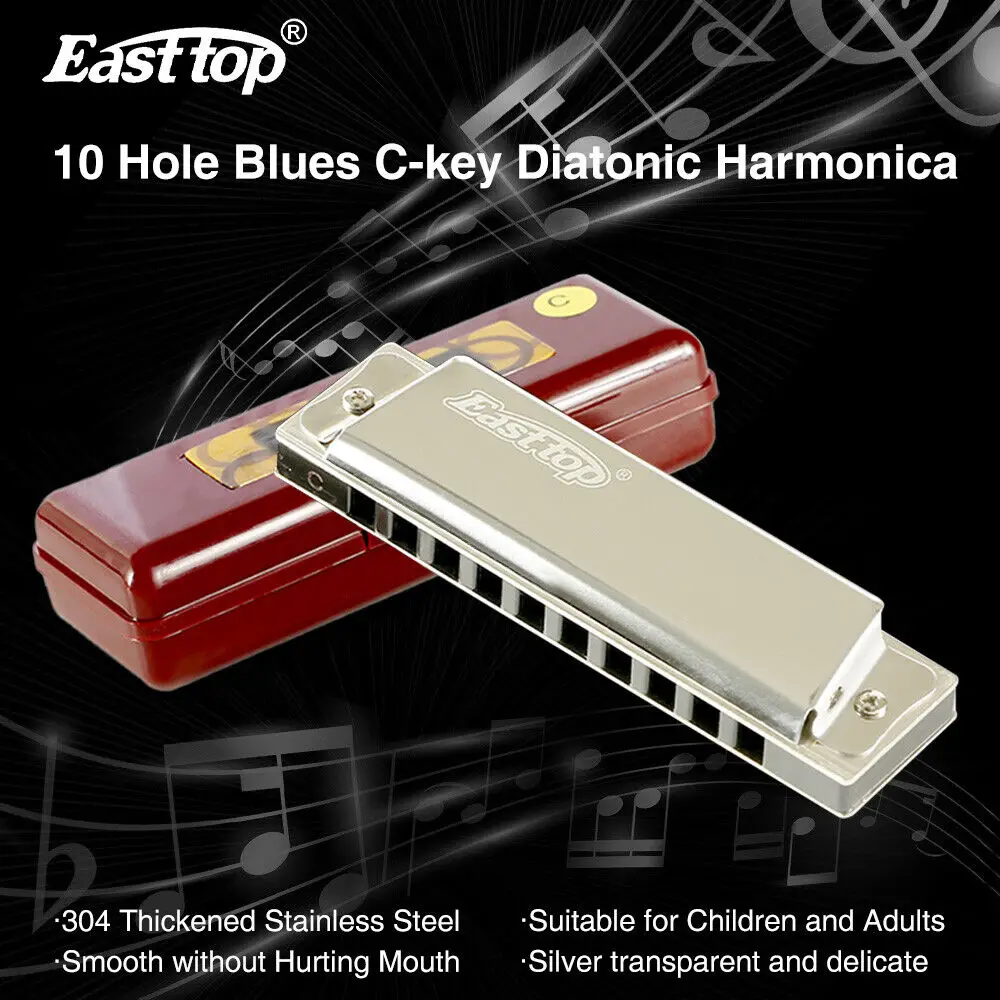 Complete Harmonica Starter Kit EASTTOP Key of C 10-Hole Case Stainless Steel Body Ideal for Students/Adults/Beginners