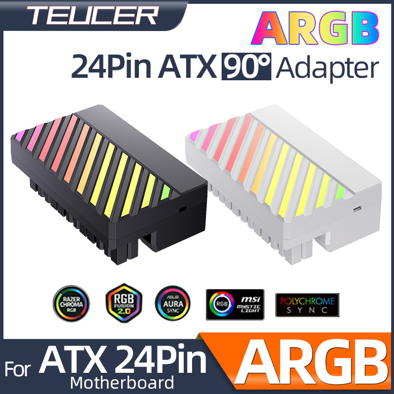 Teucer ATX 24Pin 90 Degree Motherboard Power Supply ARGB Cable Connector Plug Adapter DIY Mounting Accessessory for Desktops PC