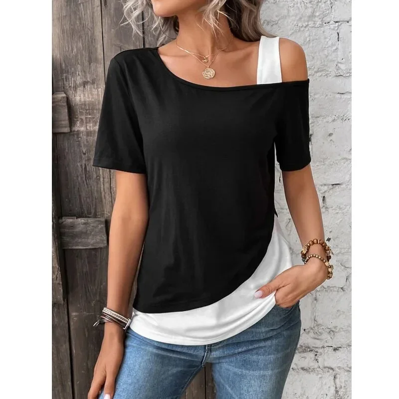 

Chic Color Blocking Short Sleeved Women Solid Color Off Shoulder Asymmetric T-Shirt Female Summer Casual Tops