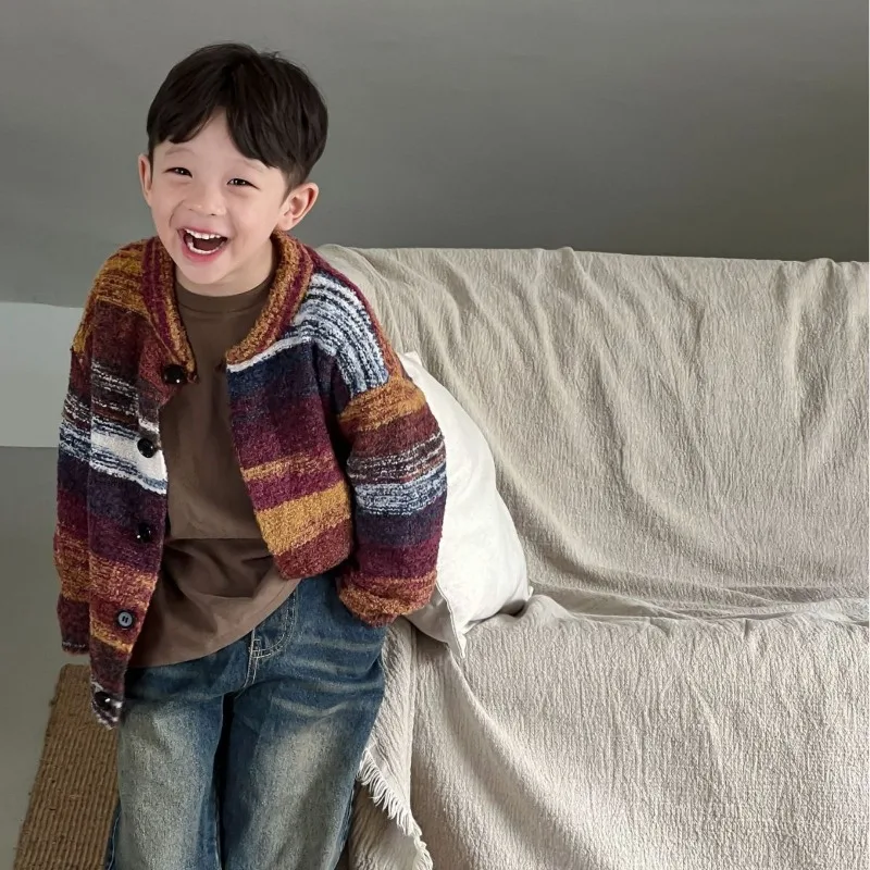 

Children Sweater 2023 New Boys Spring Autumn Soft Comfortable Striped Casual Loose Cardigan Knitted Sweater Coat for Kids