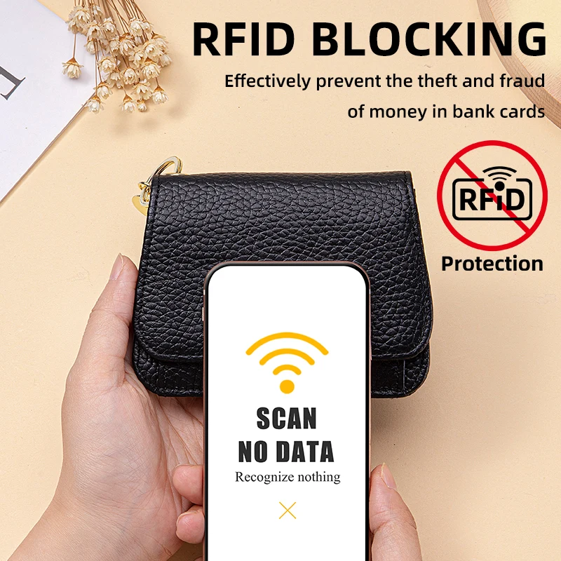 Elegant Women's RFID Blocking Genuine Leather Wallet with Keychain and Zipper Coin Pocket