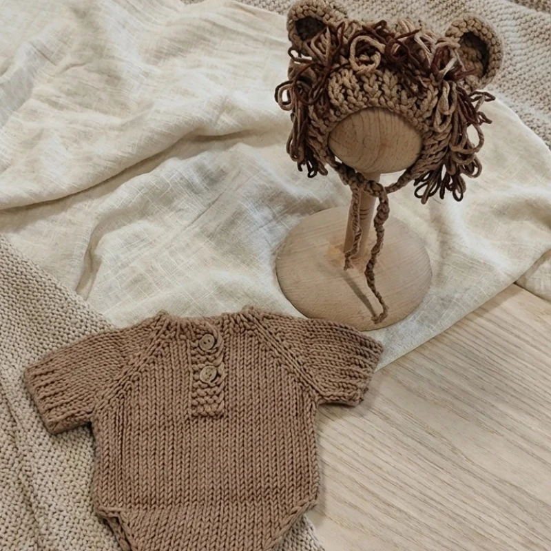 수제 니트  사자 사진 소품 세트  동물 의상 롬퍼 모자  남아 여아 사진 촬영 의상 선물