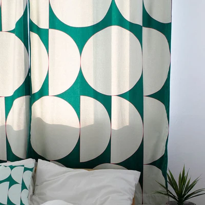 Grass Green Semicircle Abstract Half Shading Living Room Curtains Yellow Square Free Punching Paste-style Bedroom Drapes 2