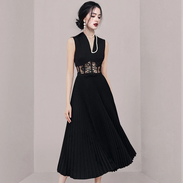 Runway Party Dress 2024 Summer Women Sexy Temperament V Neck Sleeveless Lace Patchwork Perspective Waist Pleased Dresses Ranked Product Recommendation