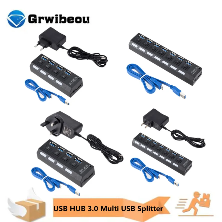 

GRWIBEOU HUB 3.0 Multi USB Splitter 4/7 port USB Hab With Switch Power Adapter Mini Hub Splitter PC Laptop Cable Connector