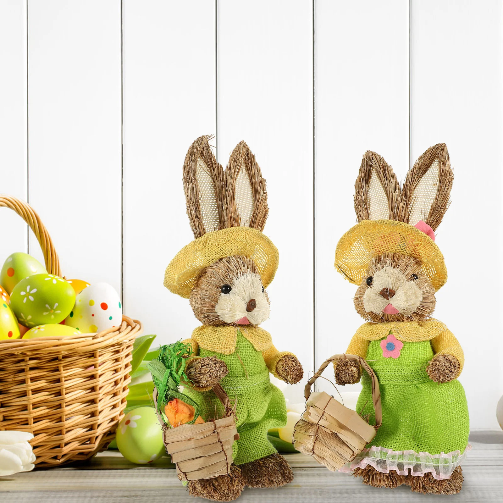

2 Pcs Toy Handmade Straw Rabbit Lovers Vintage Home Decor Ornaments Desktop Decoration