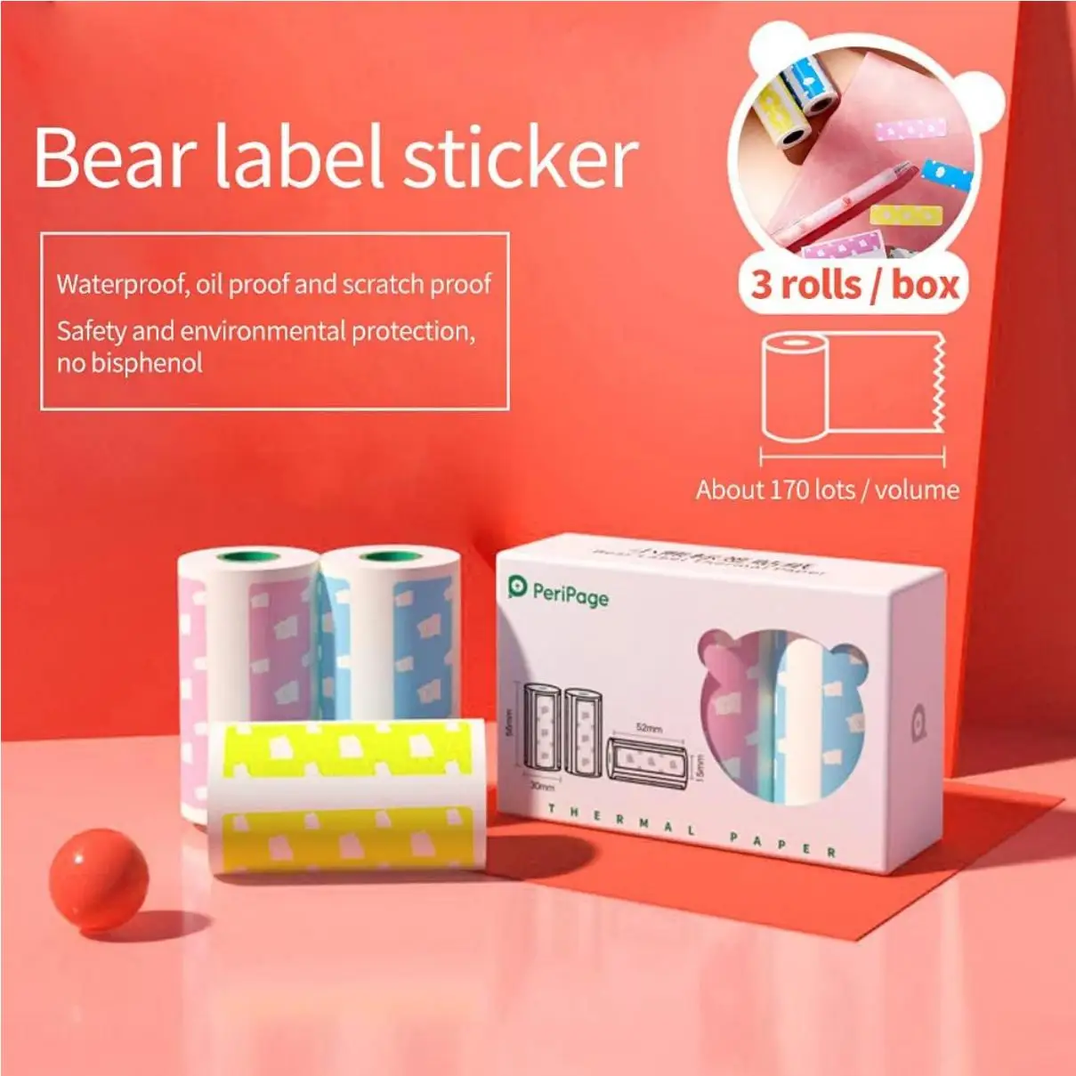 3 Rolls of Color Bear Label Sticker Thermal Stickers 57X30mm BPA Free Suitable for Peripage A6 A8 Thermal Printer 3 Rolls Small
