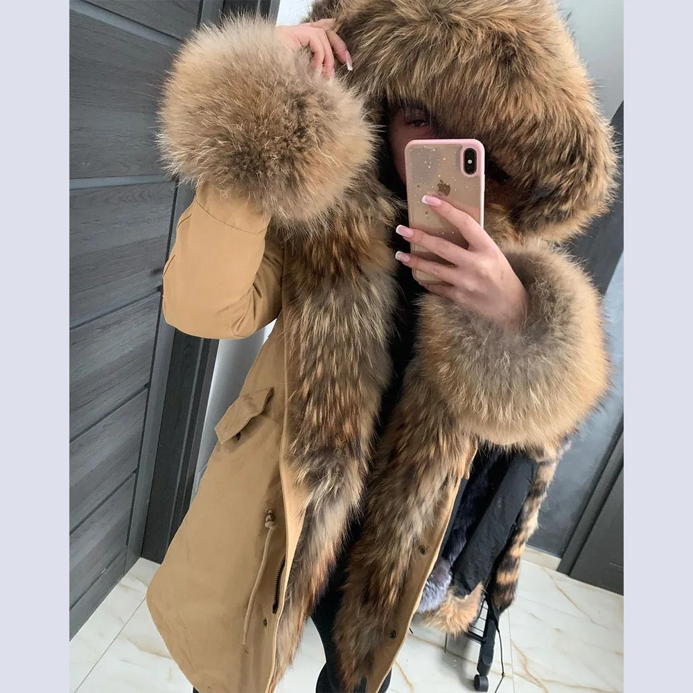 2023 100% Real Rabbit FurLiner Parka Real Fur Coat Winter